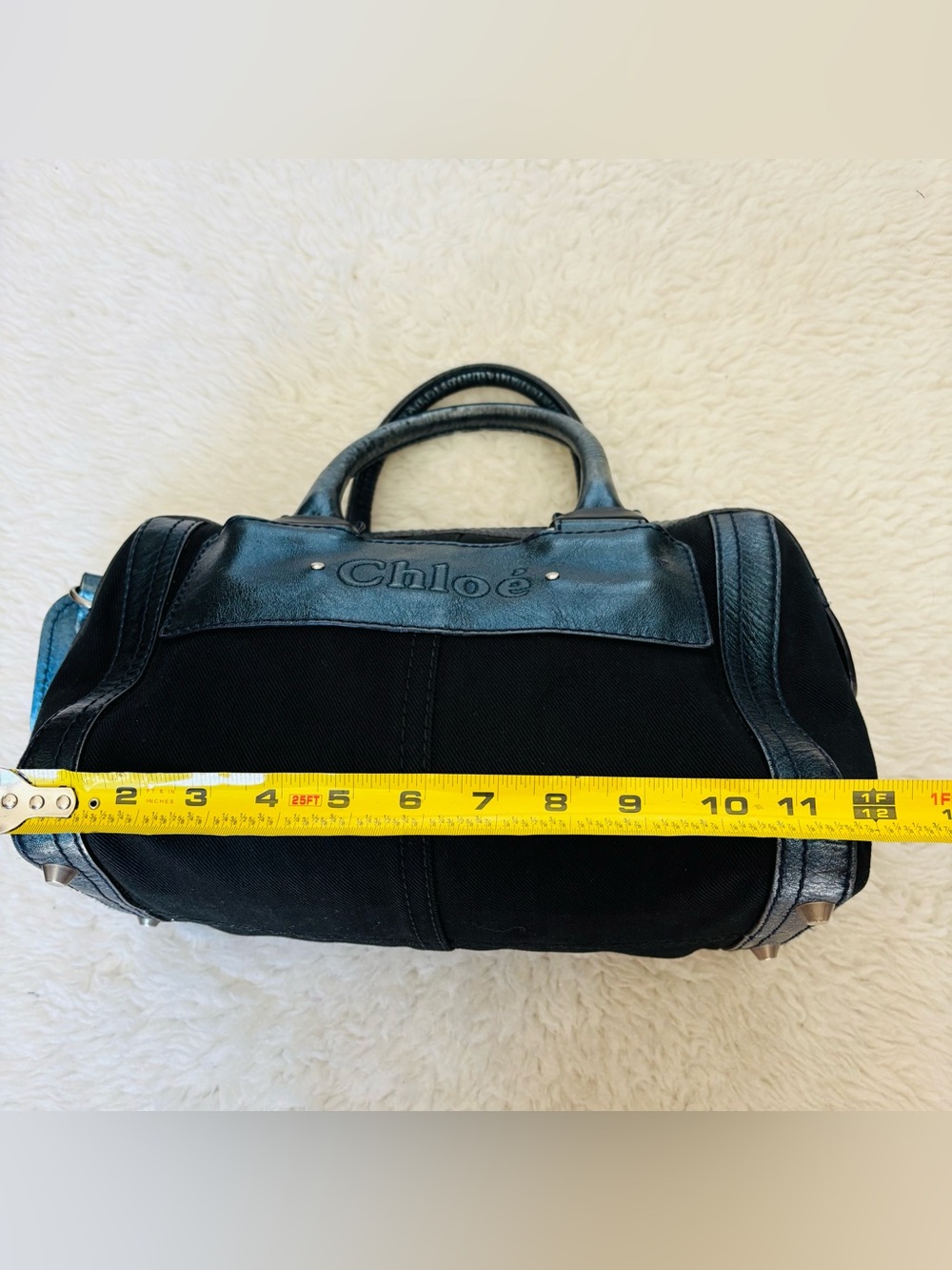 Chloe Metallic Blue Leather Black Canvas Handbag/Duffle Bag 12”x8”x7” - Picture 10 of 16